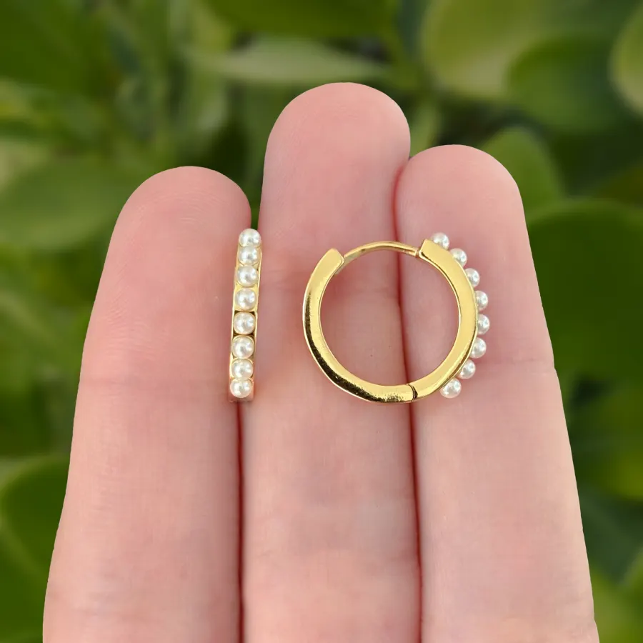 Aretes Arracada Perlitas Chapa de Oro 18K