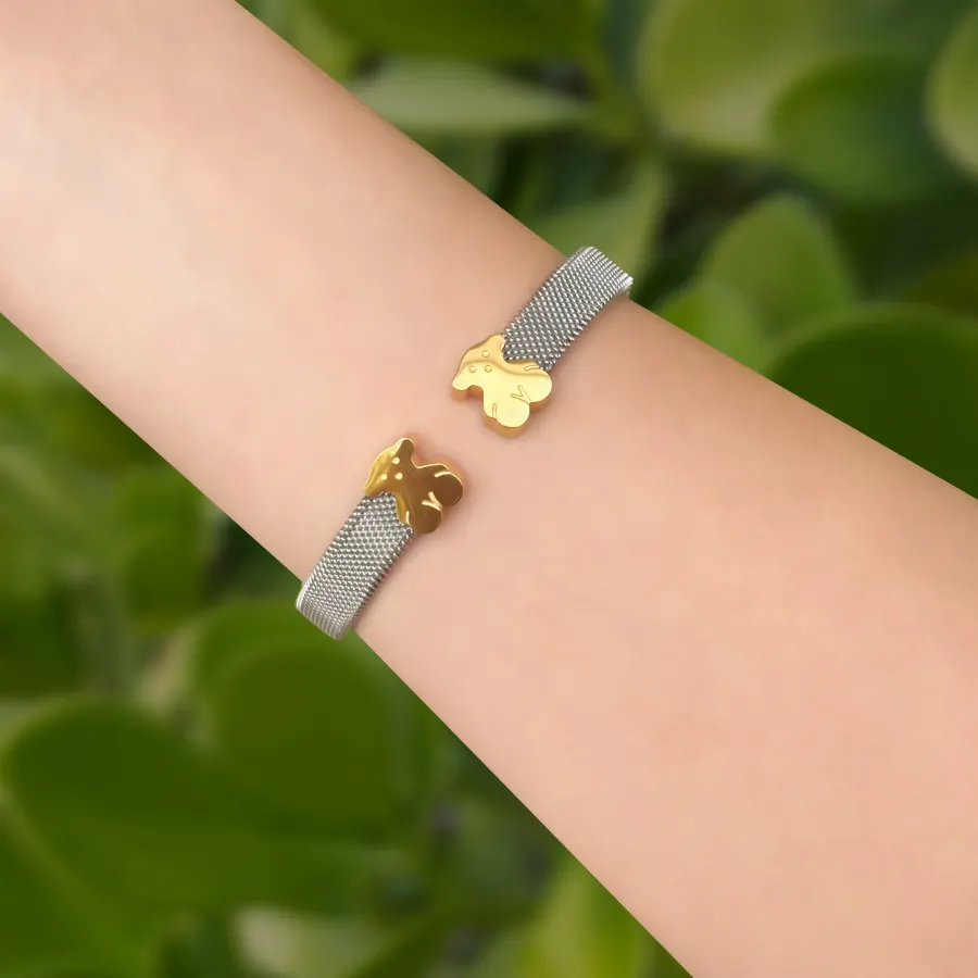 Pulsera Abierta Osos Oro-Plata Acero Inoxidable
