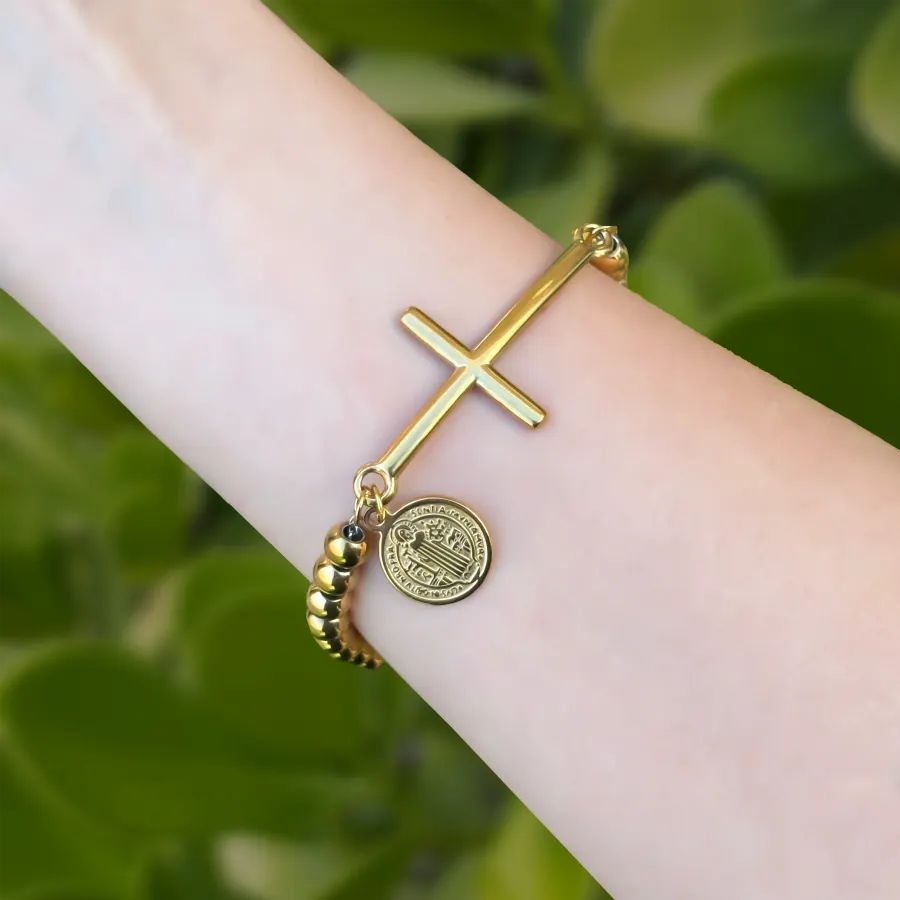 Pulsera Dorada Bolitas Cruz y Medalla Acero Inoxidable