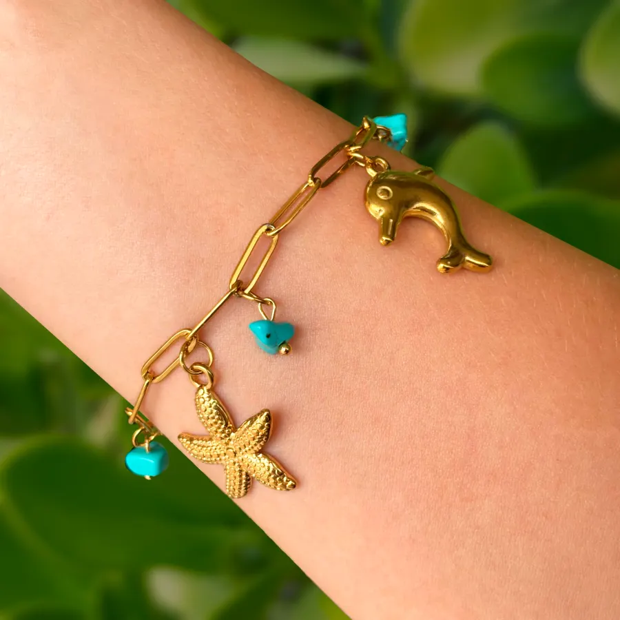 Pulsera Dorada Charms Turquesa Acero Inoxidable