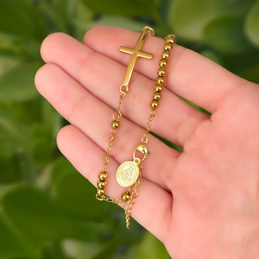 Pulsera Dorada Bolitas Cruz y Medalla Acero Inoxidable