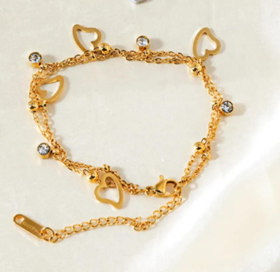 Pulsera Dorada Doble Corazones Acero Inoxidable