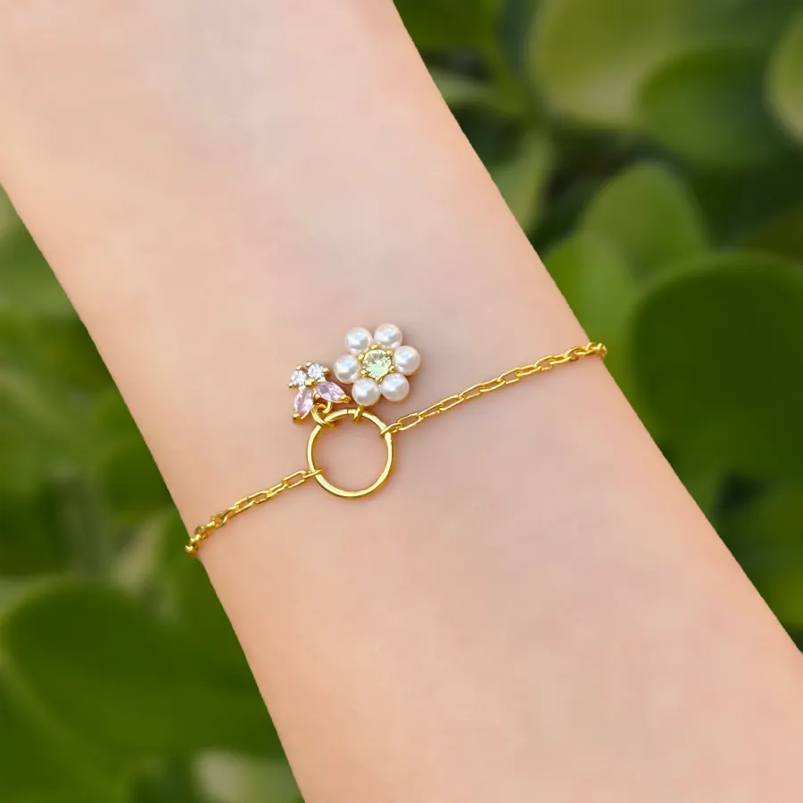 Pulsera Dorada Flor y Mariposa Chapa de Oro