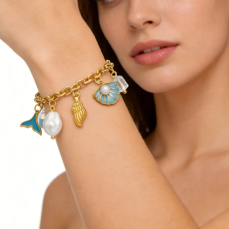Pulsera Dorada y Azul Charms Verano Acero Inoxidable