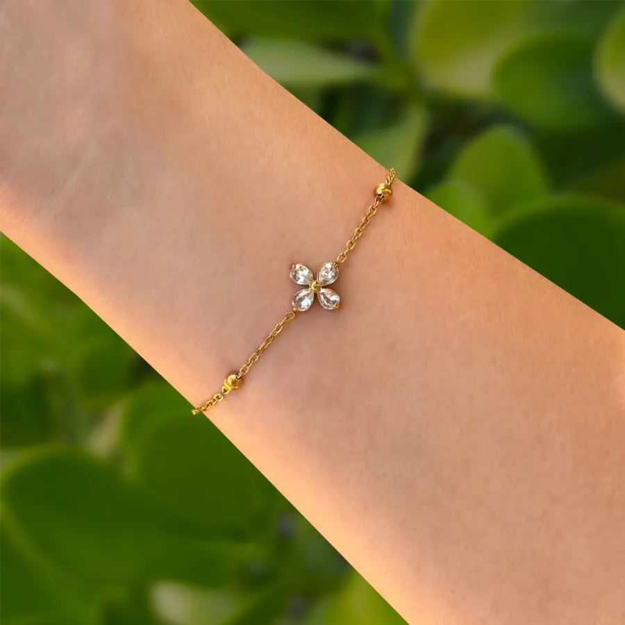 Pulsera Dorado Flor Zirconia y Bolitas Acero Inoxidable