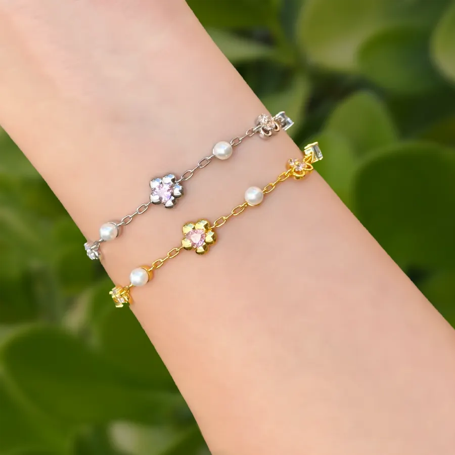 Pulsera Flor con Zirconias y Perlitas Chapa de Oro