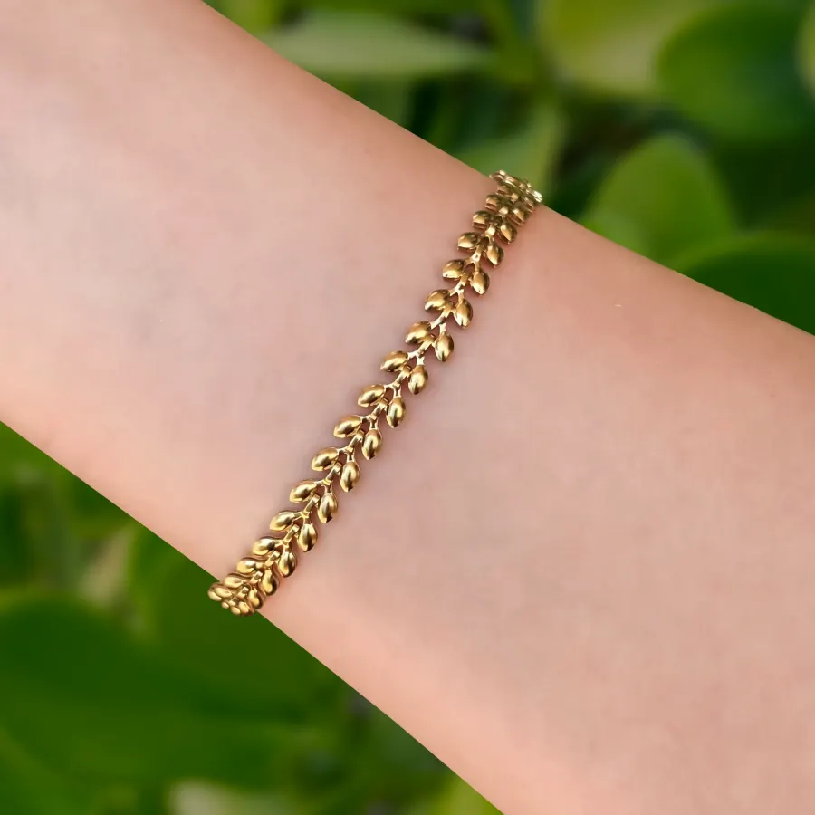 Pulsera Dorada Hojas Laurel Acero Inoxidable