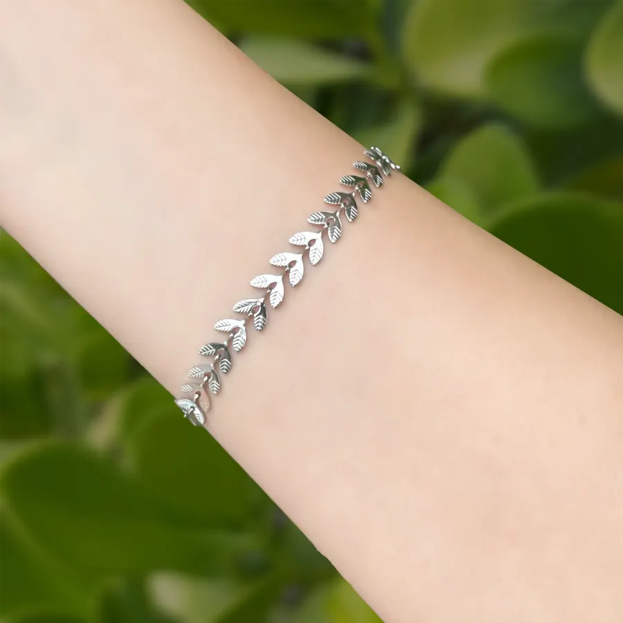 Pulsera Hojas Laurel Plateada Acero Inoxidable