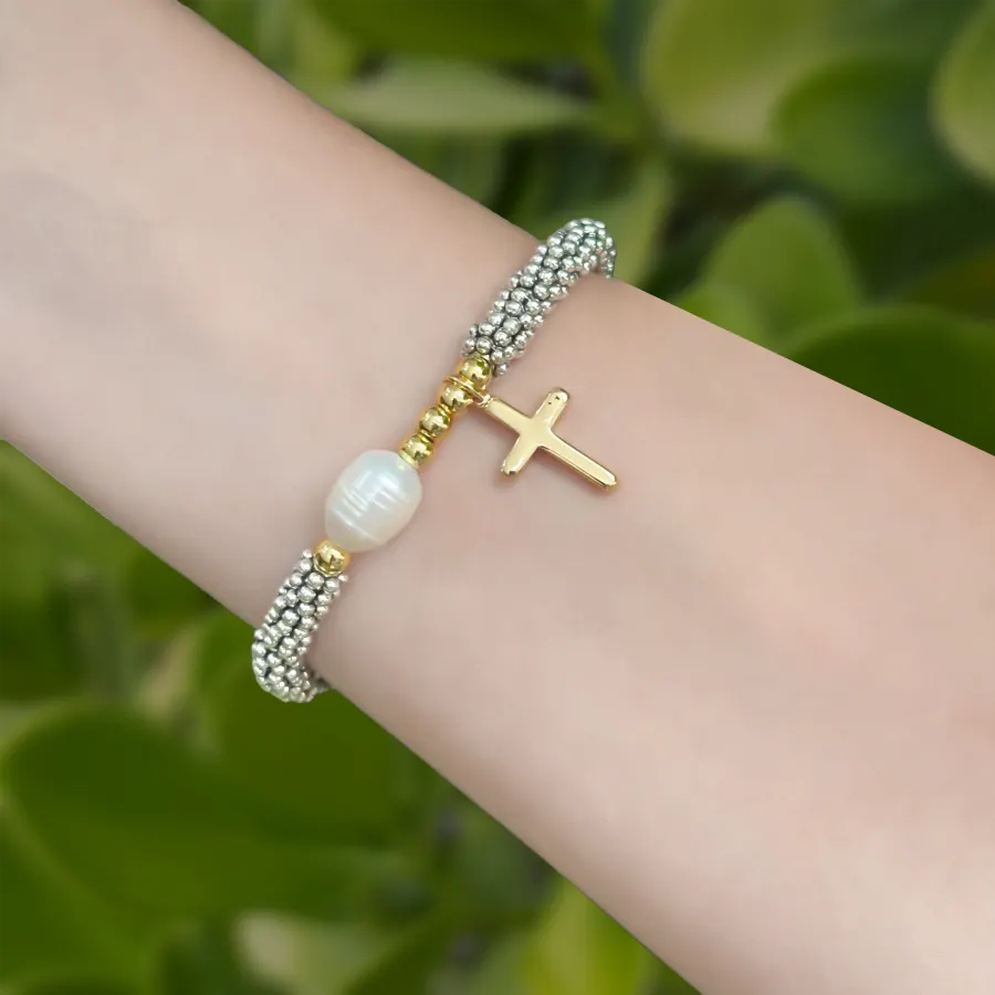 Pulsera Plateada Cruz y Perla Chapa de Oro