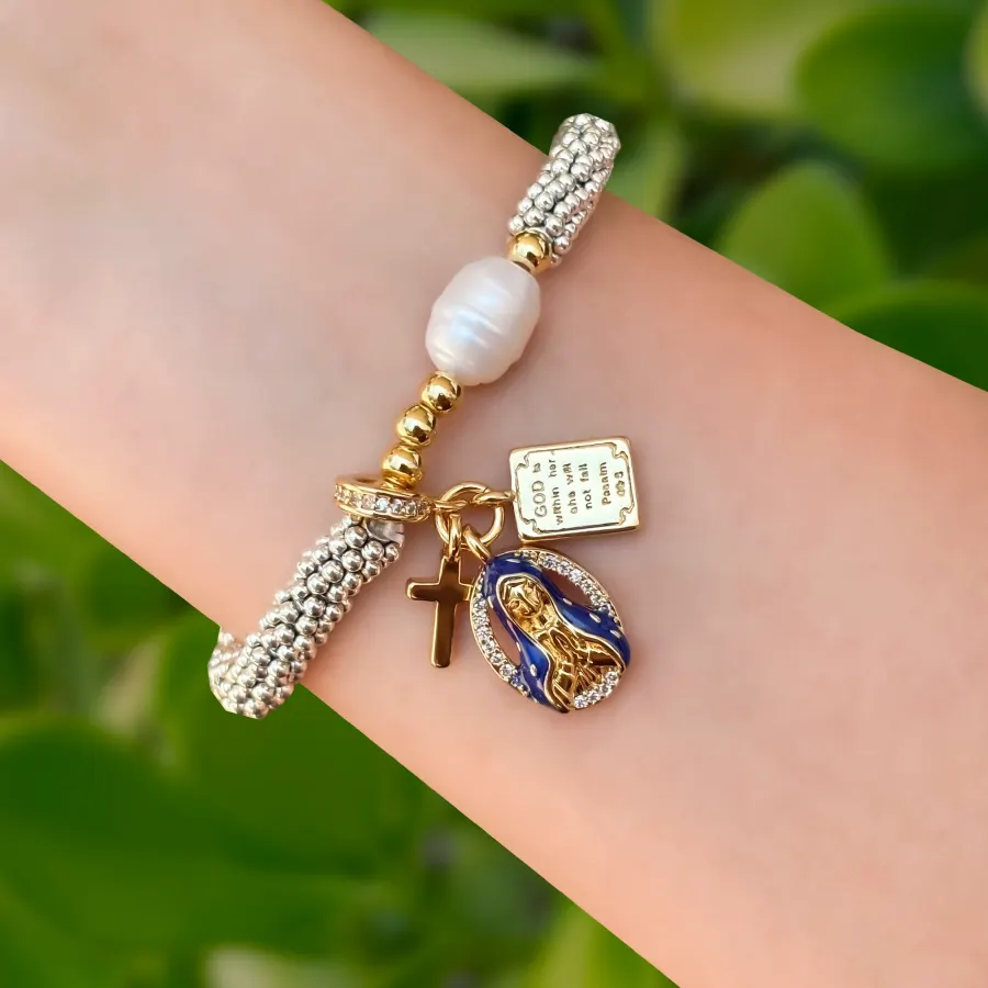 Pulsera Plateada Virgen Charms Chapa de Oro