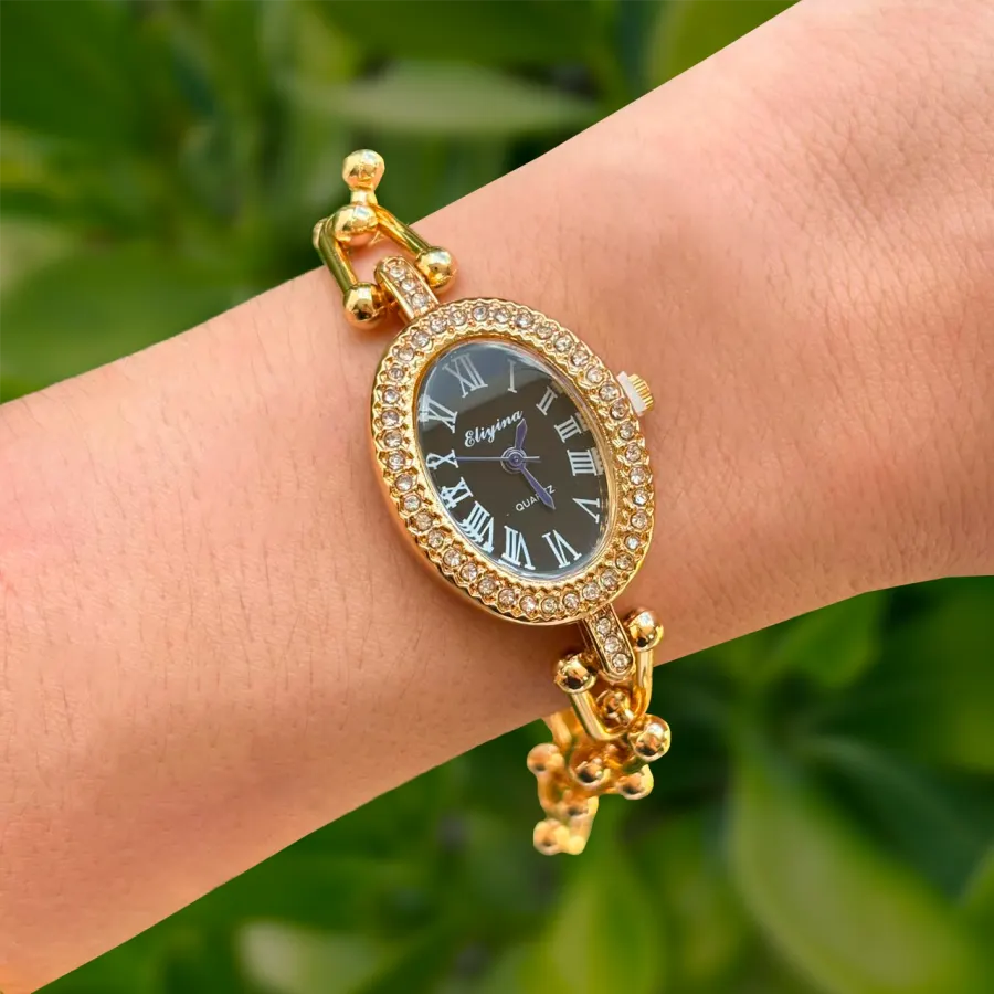 Reloj Dorado Pulsera Negra Caratula de Zirconias