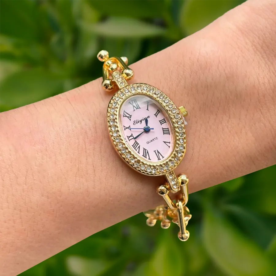 Reloj Dorado Pulsera Rosa Carátula de Zirconias