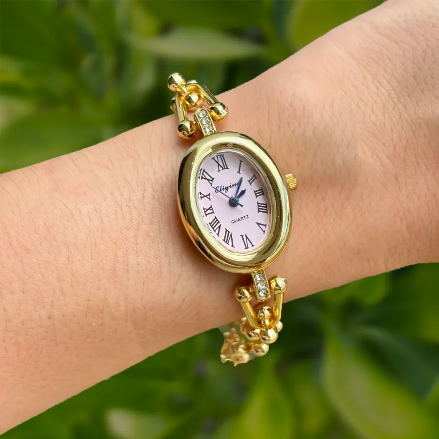 Reloj Dorado Pulsera Caratula Rosa Suave