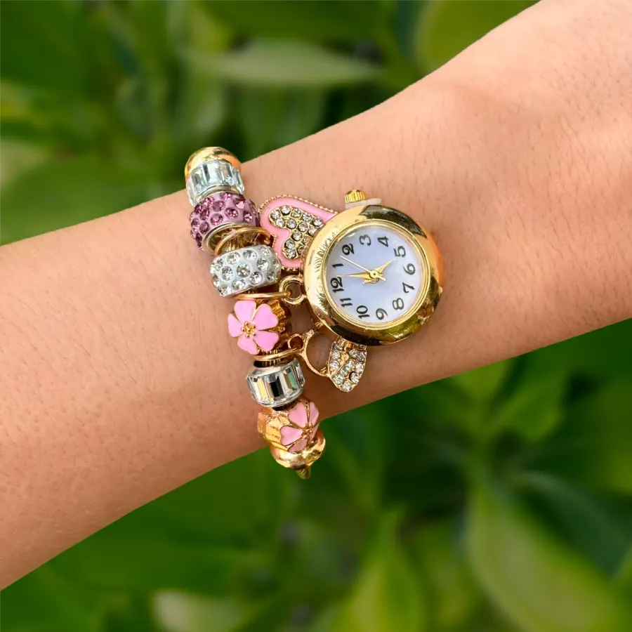 Reloj Pulsera Dorada Charms Rosa Acero Inoxidable