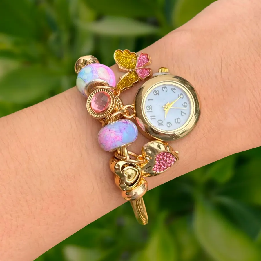 Reloj Pulsera Dorada Charms Rosa Acero Inoxidable