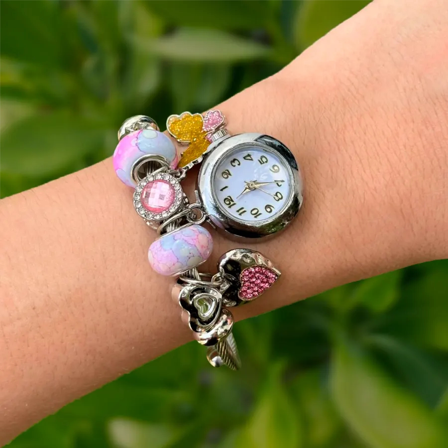 Reloj Pulsera Plateada Charms Rosa Acero Inoxidable