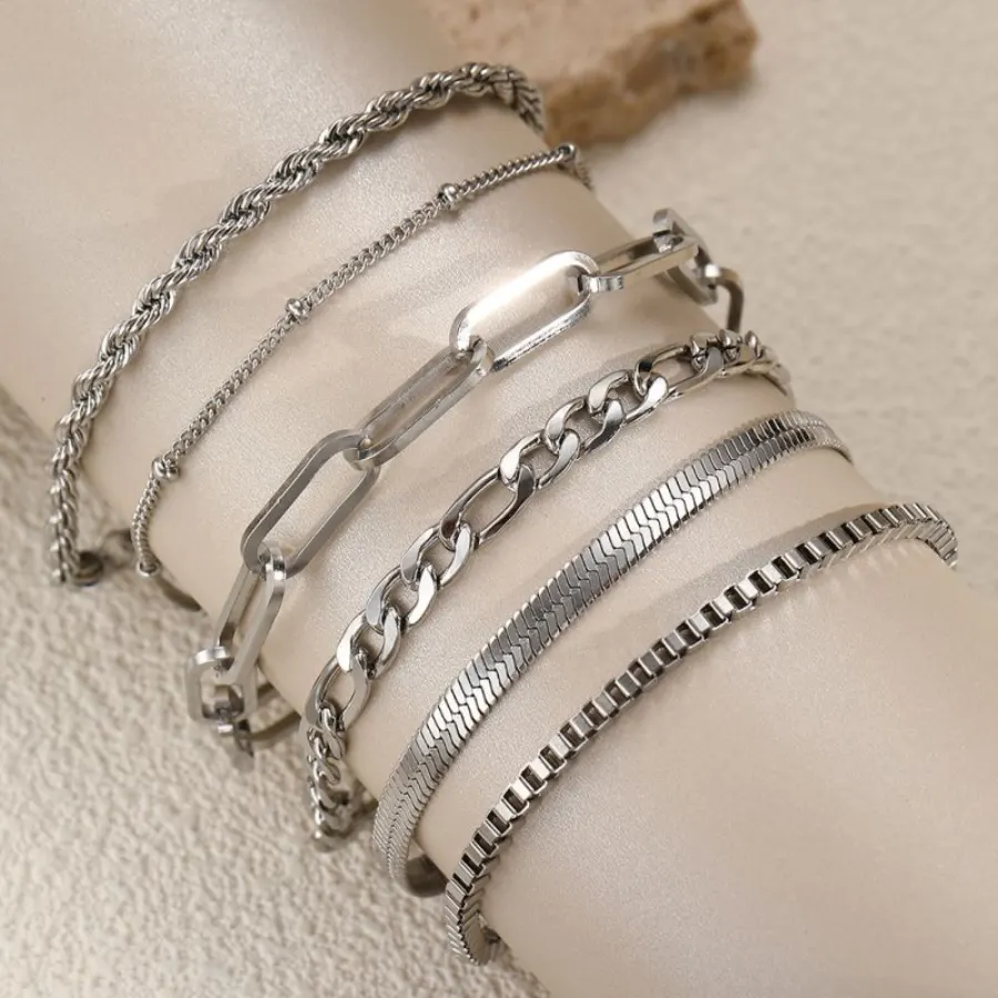 Set 6 Pulseras Cadenas Plateadas Acero Inoxidable