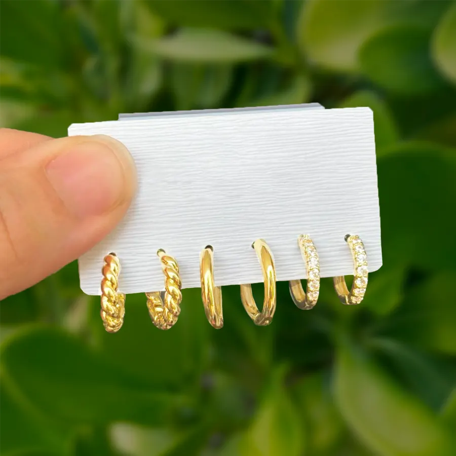 Set Aretes Dorados 3 Pares de Arracadas Acero Inoxidable