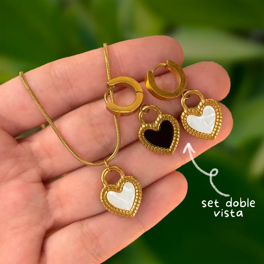 Set Collar y Aretes Corazon Doble Vista Acero Inoxidable