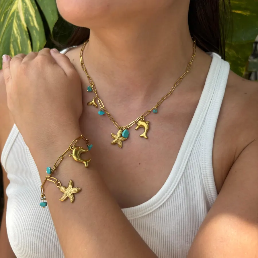 Set Collar Pulsera Turquesa Charms Acero Inoxidable