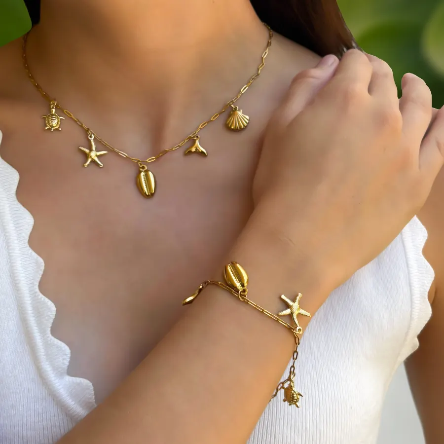 Set Collar Pulsera Dorados Mar Acero de Titanio